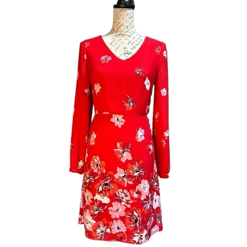 White House Black Market Red Floral Long Sleeve A-line Dress Size 00